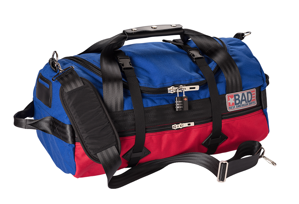 Number 3 Duffel Bag Side Pocket Blue Red