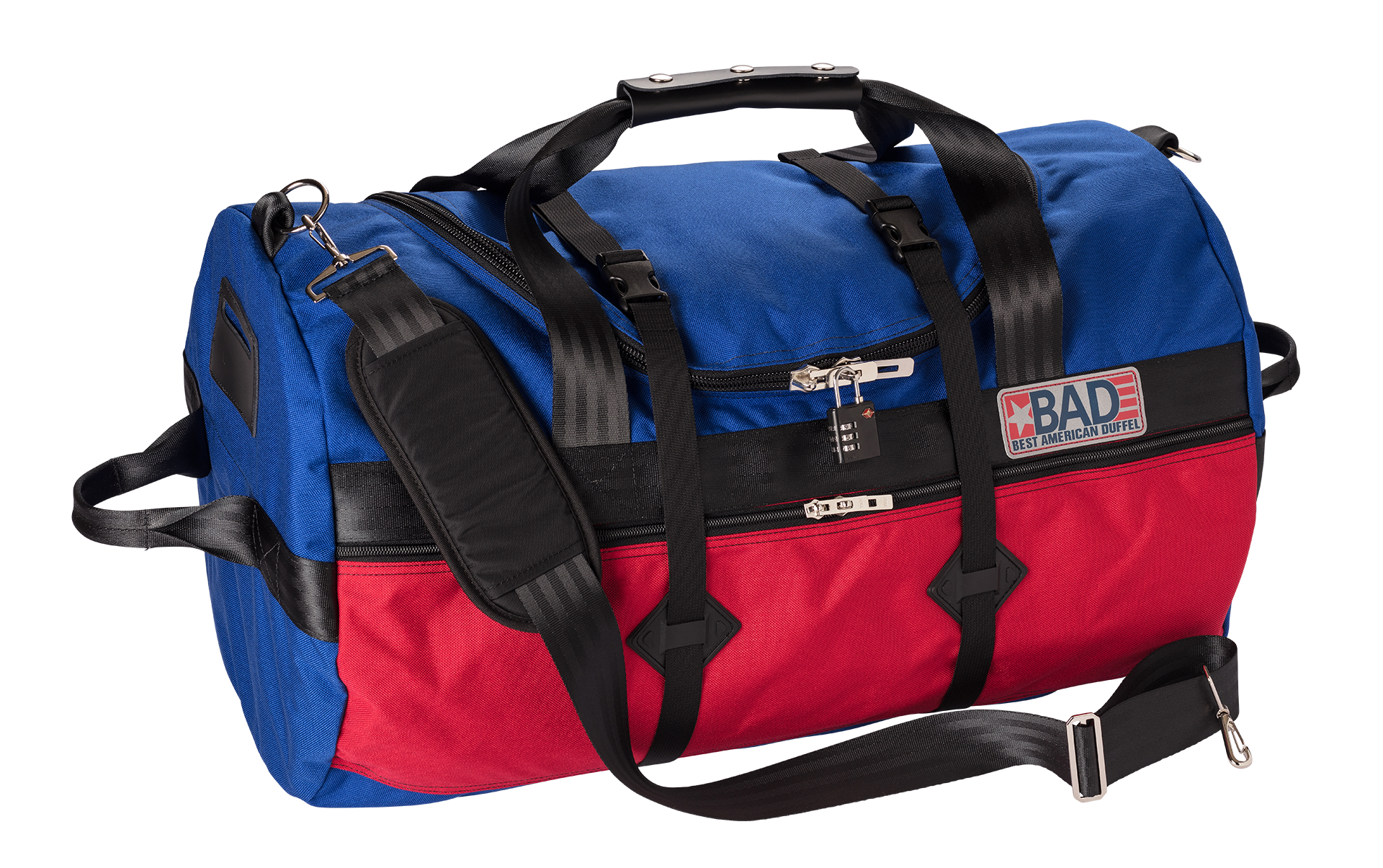 Number 4 Duffel Bag Side Pocket Blue Red